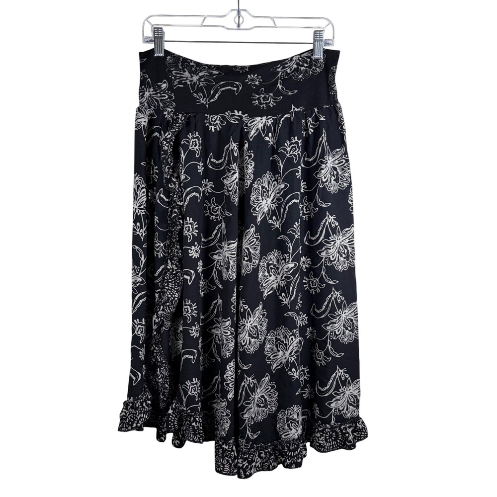 Vintage Santiki Rayon Floral Batik Midi Skirt Ruffle Hem Whimsigoth Black L